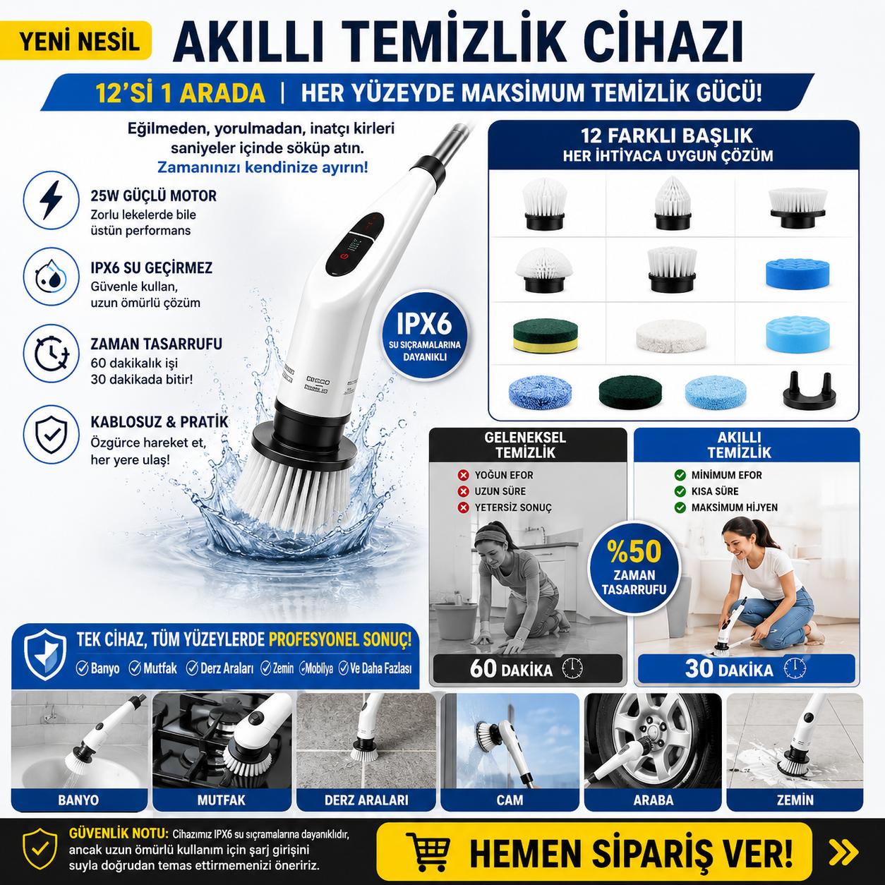 Elektrikli temizlik fırçası - 12 farklı başlık detayı